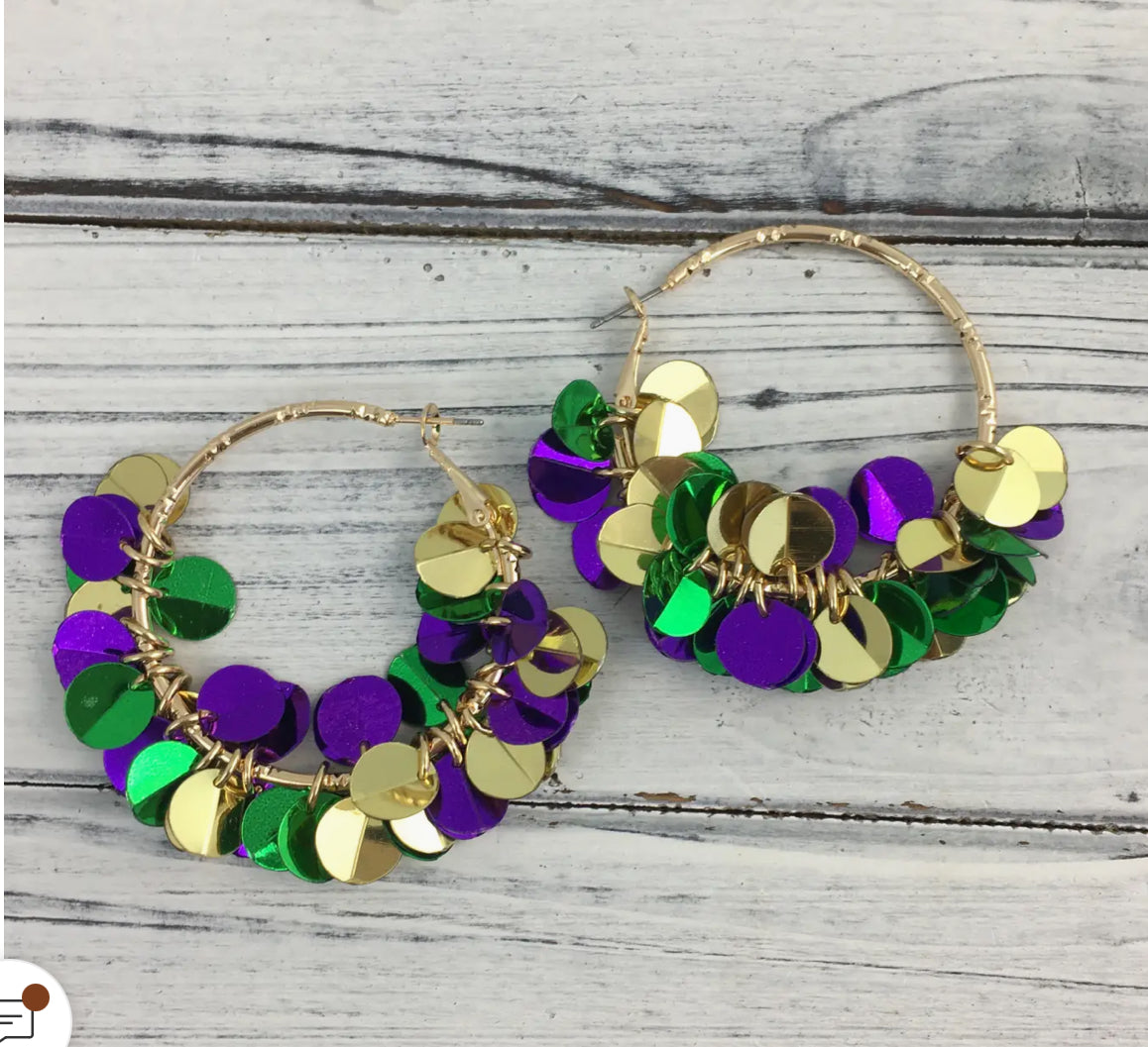 Mardi Gras disc hoop earrings