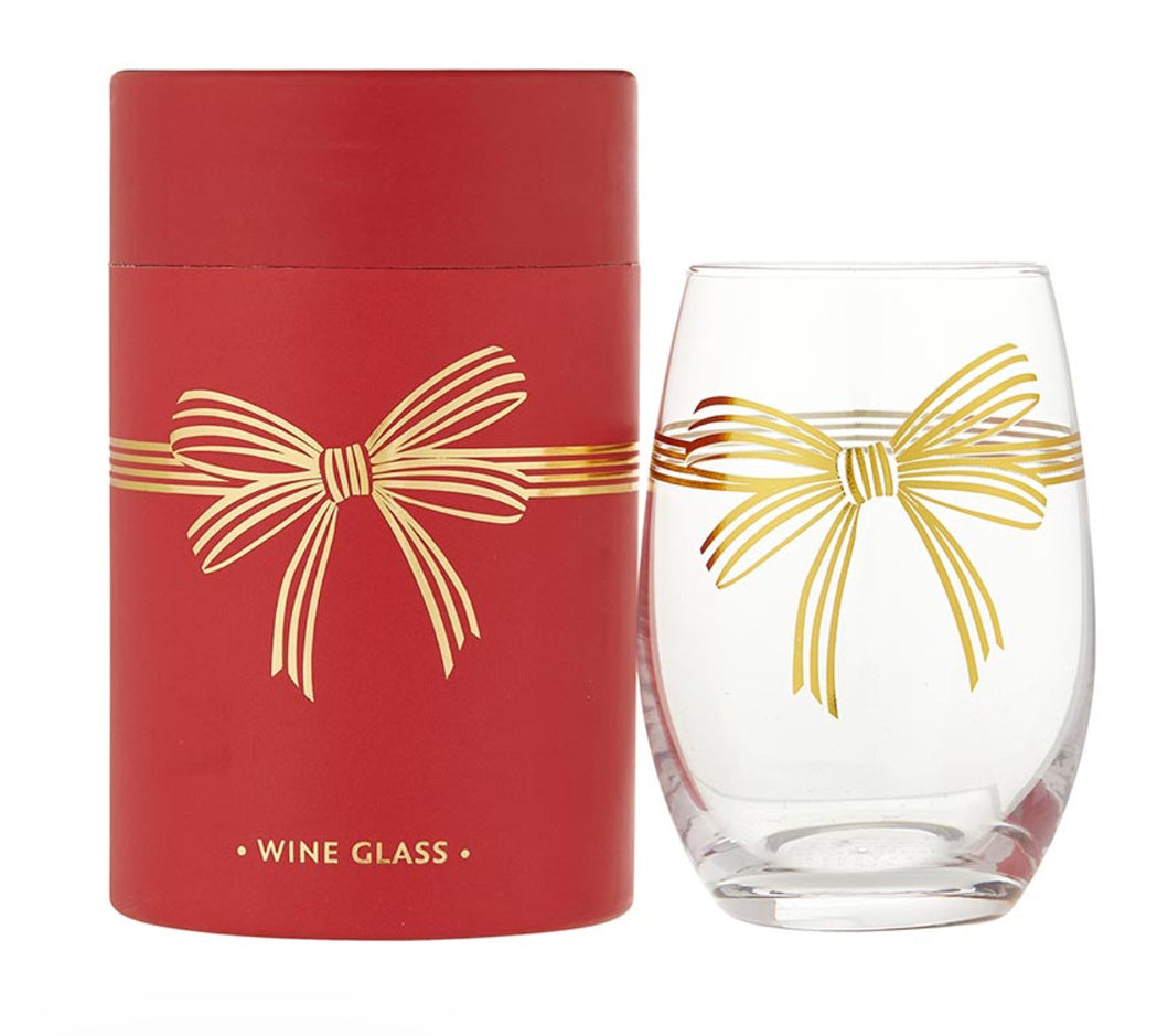 Gold Bow Stemless Wine Glass