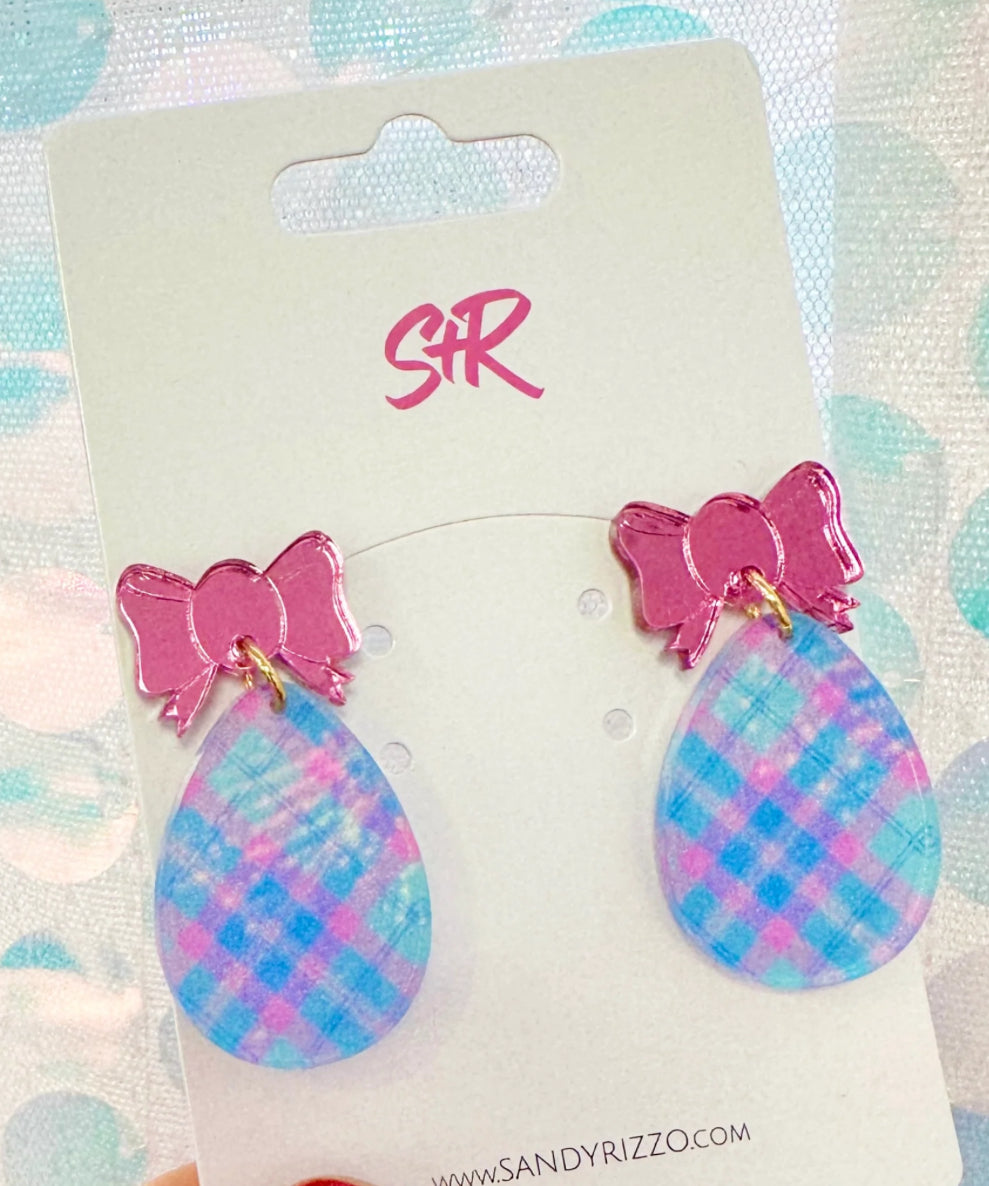 Pink and Blue Plaid Egg Earrings