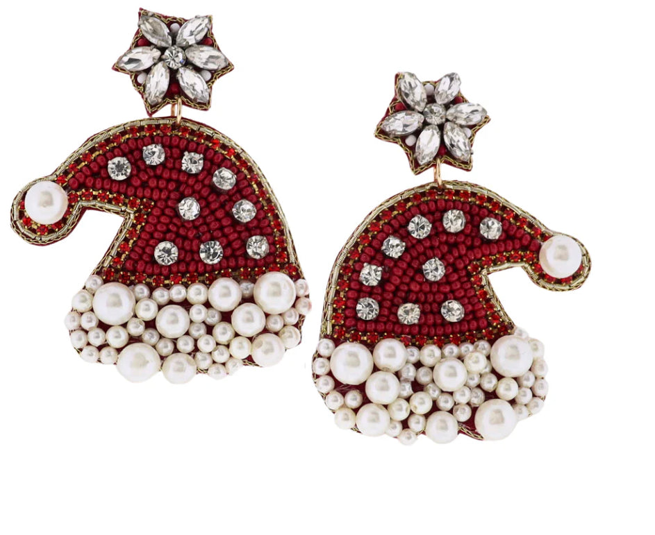 Beaded Santa Hat Earrings Red and Pearl
