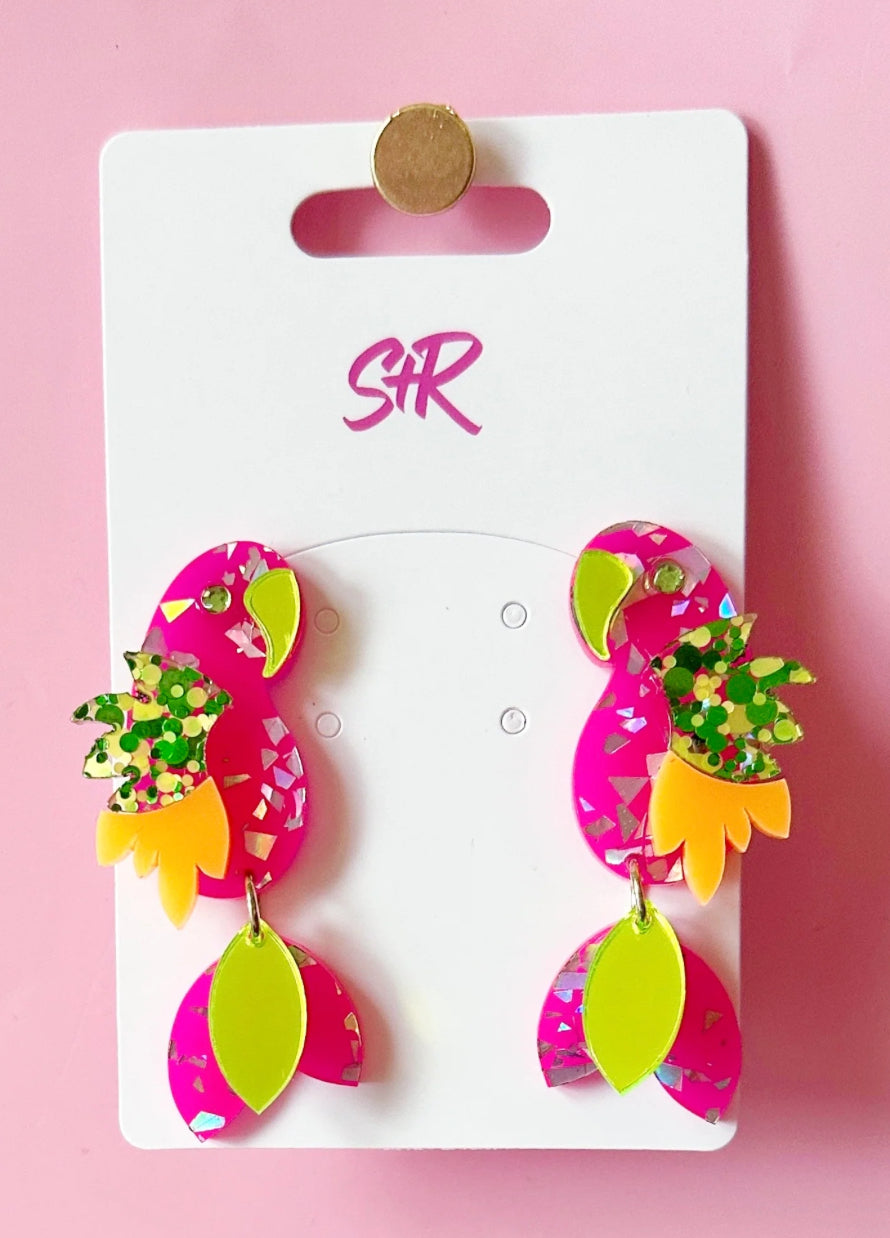 Hot Pink Neon Parrot Earrings