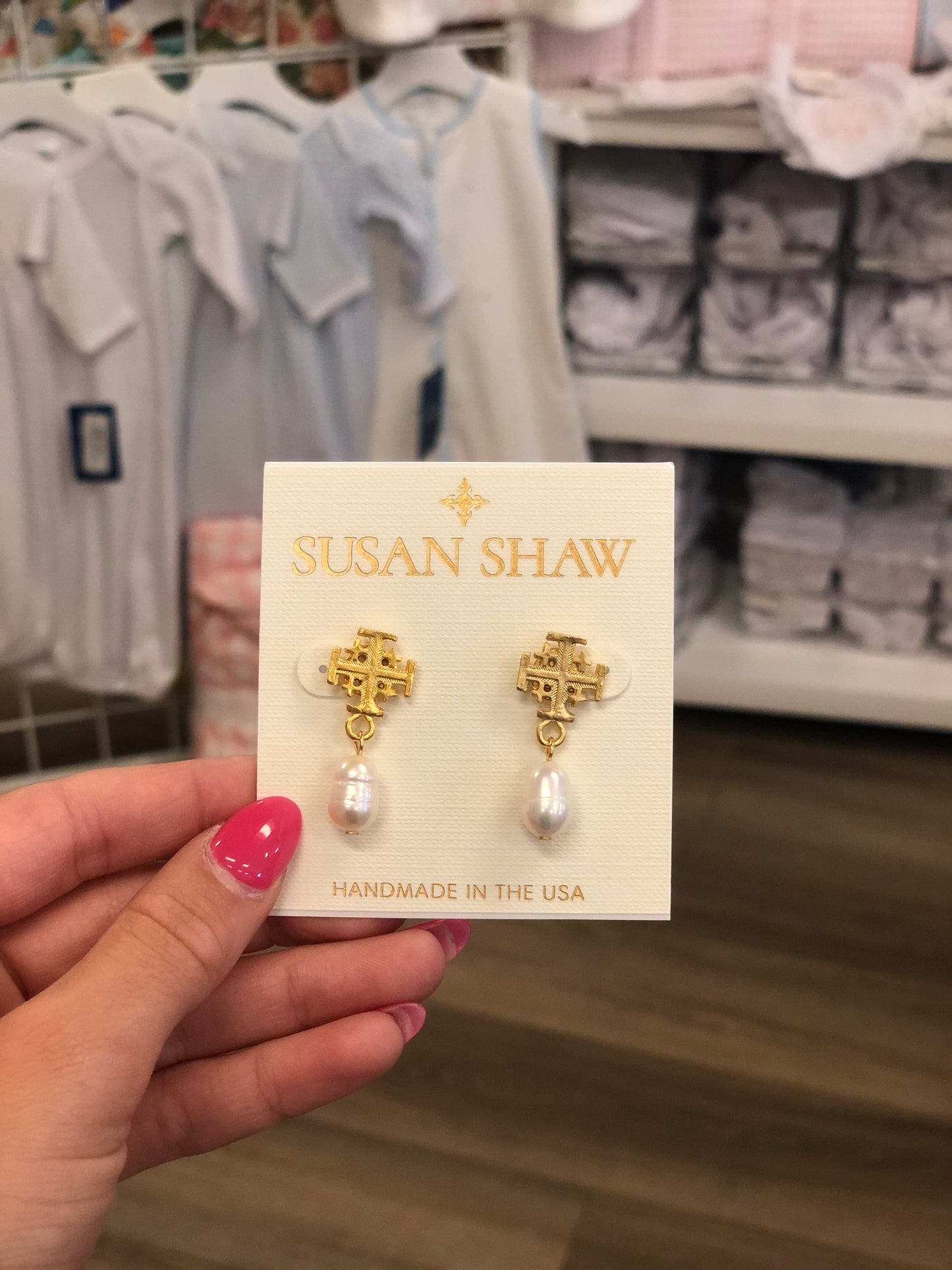 Small Gold Jerusalem Cross With Freshwater Pearl Post Earring