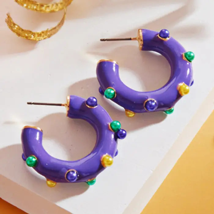 Mardi Gras Pearl Embellished Hoops