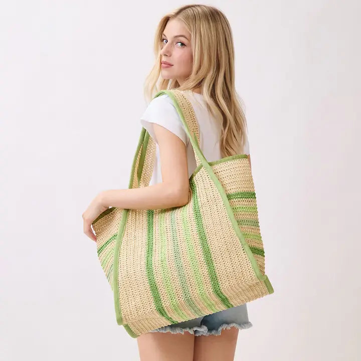 Multi Color Stripes Natural Straw Tote Bag