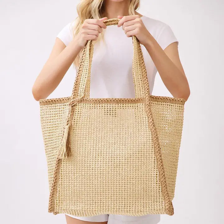 Tassel Accent Two Tone Women Straw Bag
