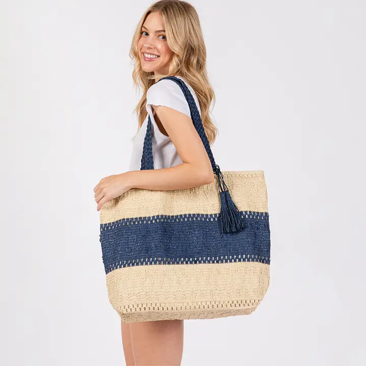 Two Tone Color Block Woven Tassel Straw Totes