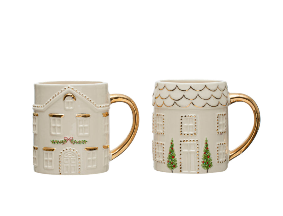 Painted Stoneware House Mug with Gold Electroplating