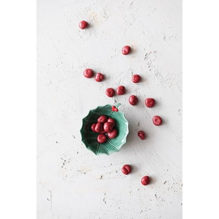Stoneware Holly Leaf Bowl, Green and Red