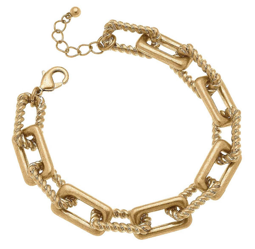 Sierra Twisted Metal Rectangle Link Bracelet in Worn Gold or