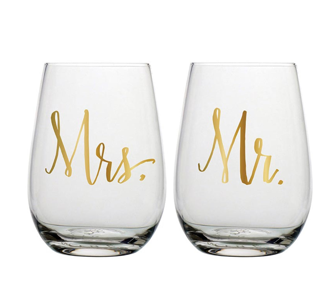Mr and Mrs stemless wine glass set