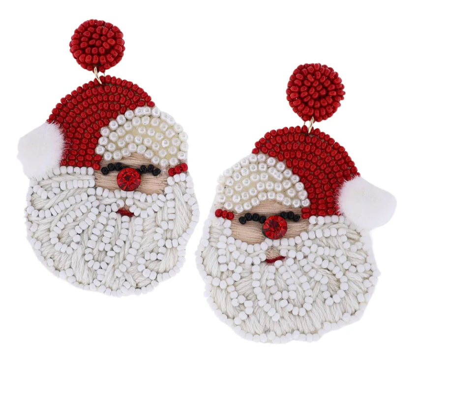 Beaded Santa Hat Earring Red and White