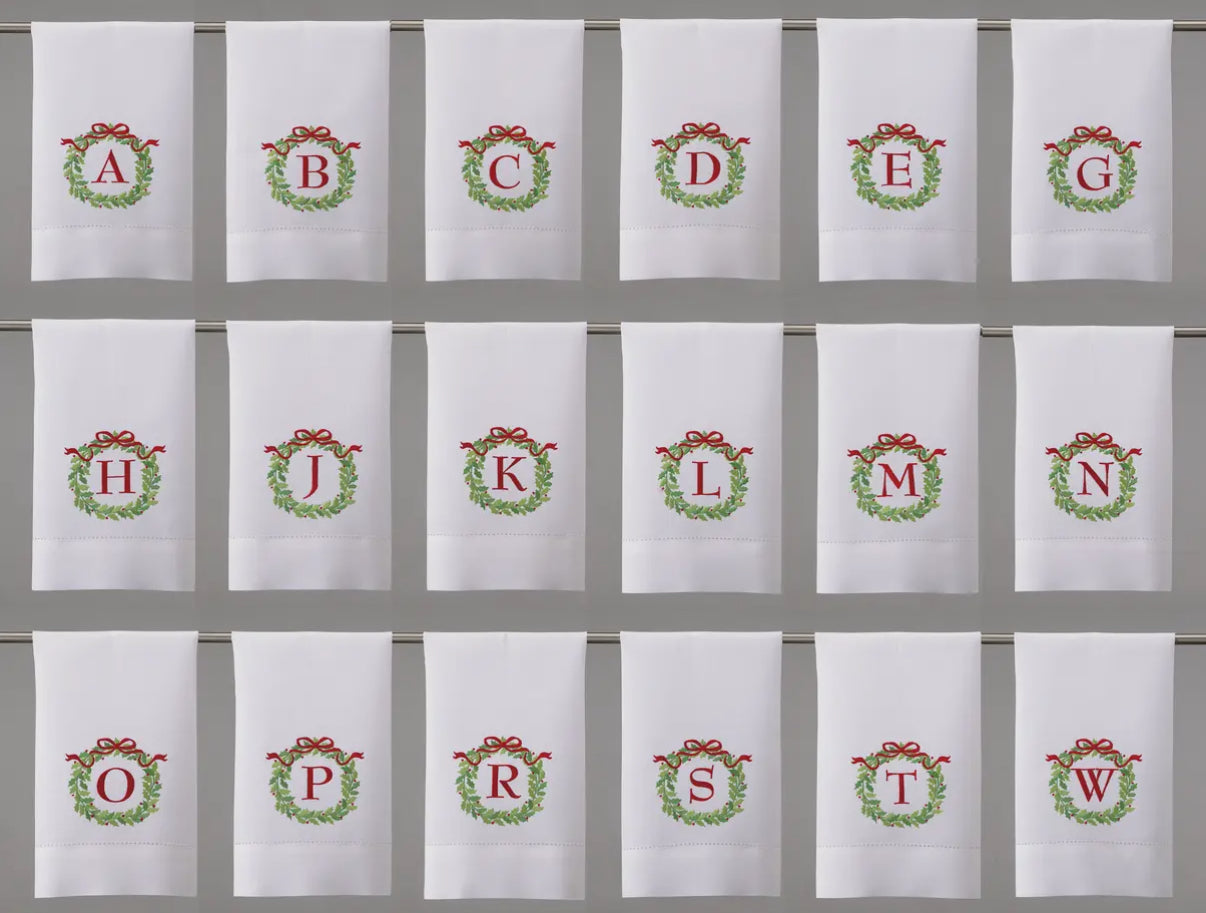 Christmas Wreath Embroidered Initial Guest Towel