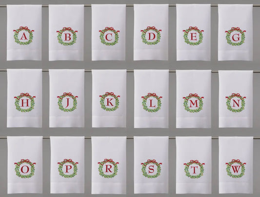 Christmas Wreath Embroidered Initial Guest Towel