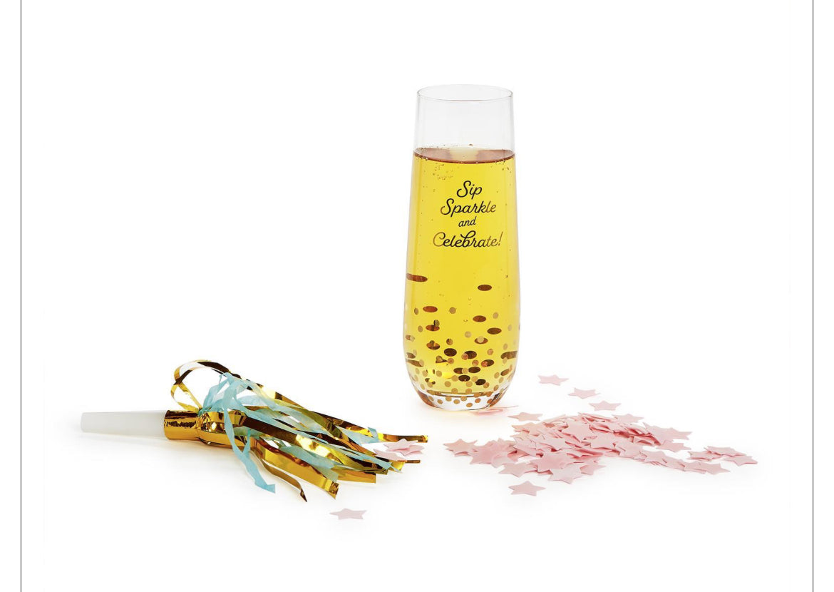 Stemless Champagne Glass with Star Bath Confetti and Noise Maker