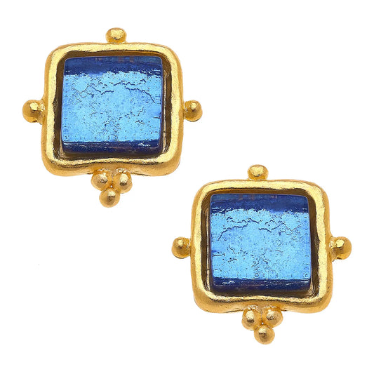 Gold Square Stud Glass Earrings
