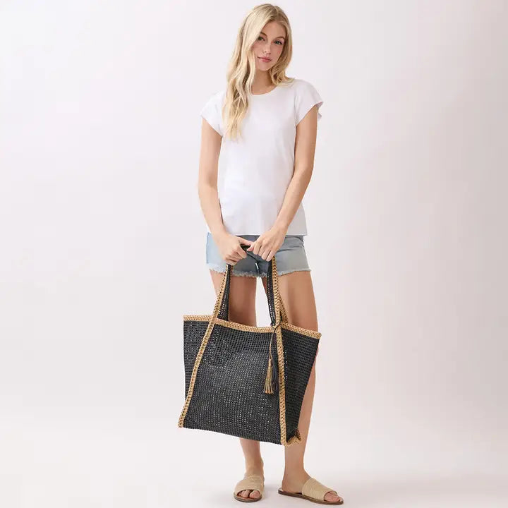 Tassel Accent Two Tone Women Straw Bag