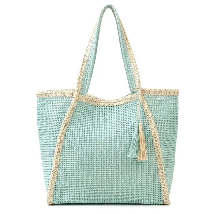 Tassel Accent Two Tone Women Straw Bag