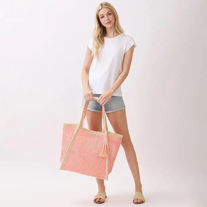 Tassel Accent Two Tone Women Straw Bag