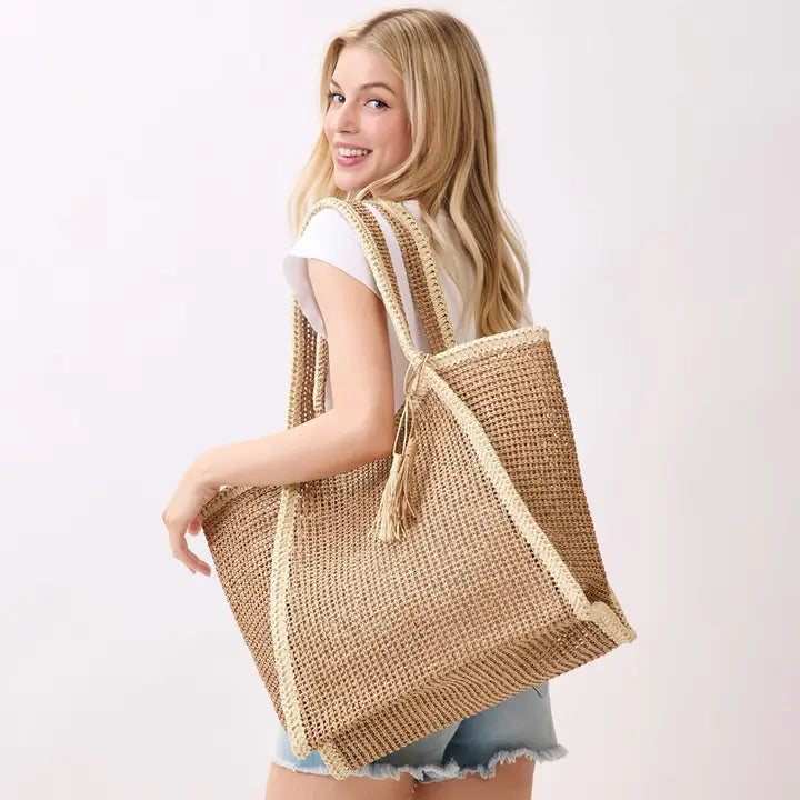 Tassel Accent Two Tone Women Straw Bag