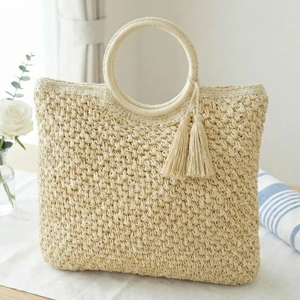 Round Handle Raffia Woven Bag