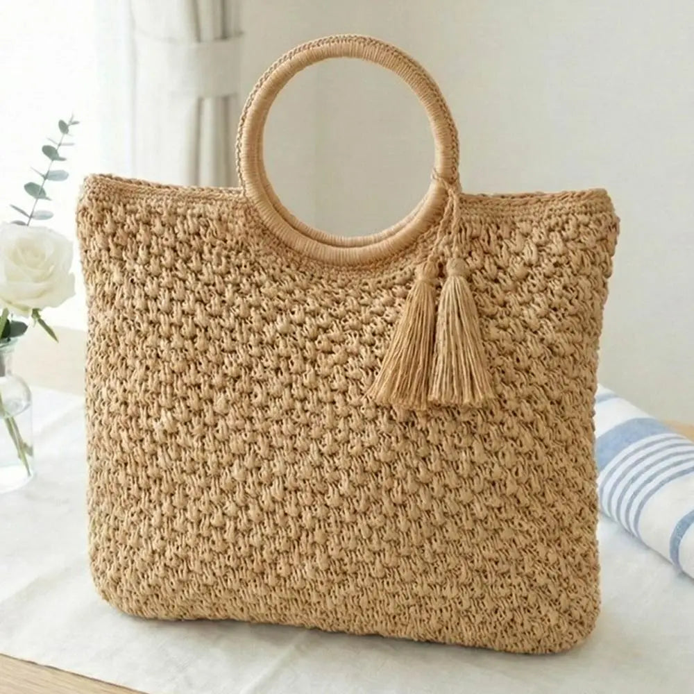 Round Handle Raffia Woven Bag