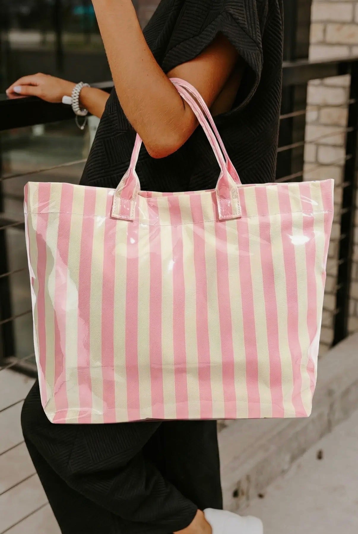 Striped Vinyl Tote Bag