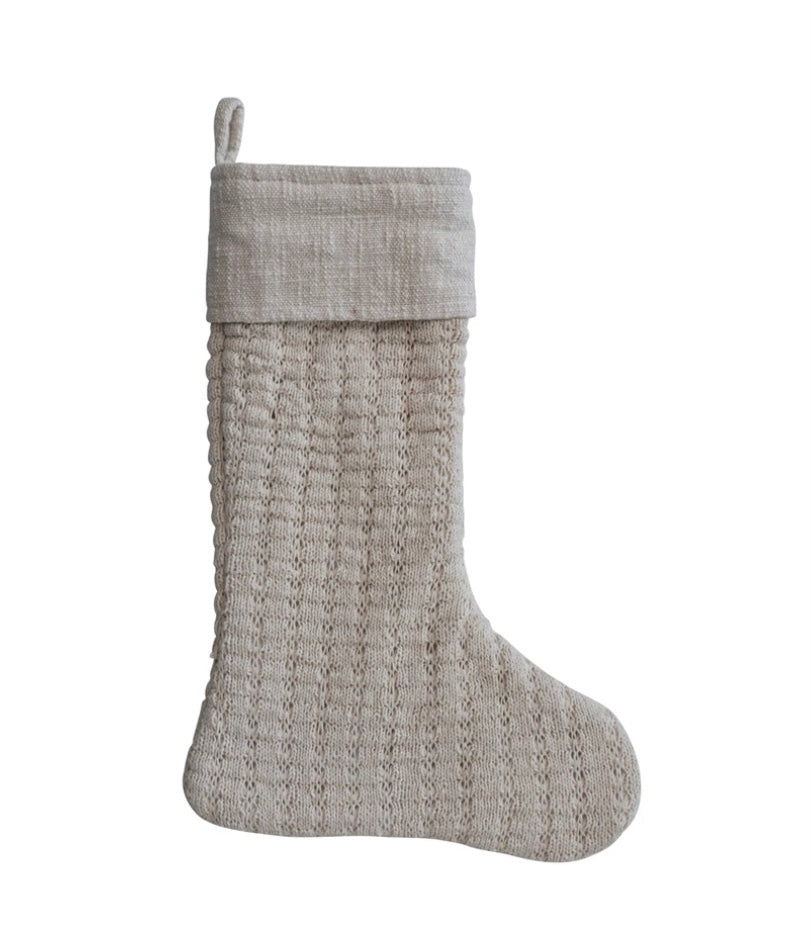 Wool knit Stocking w/ Cotton Slub Cuff, Cream Color